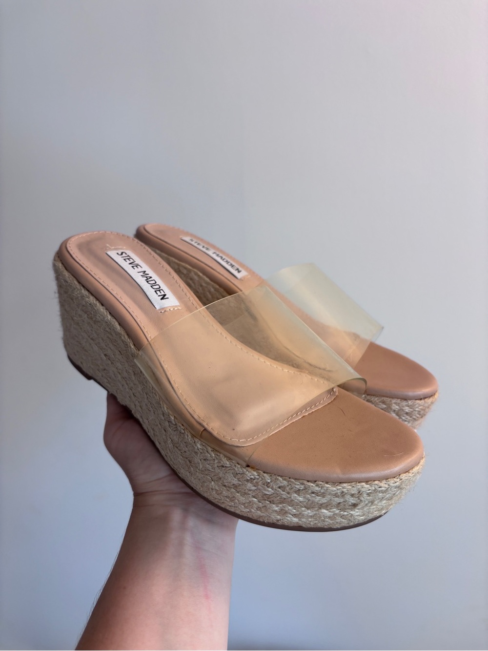 Steve Madden Nude Clear Strap Espadrille Platform Wedges